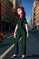 spec style,

Woman with red curly hair and green eyes, wearing a green shiny satin blouse, street scene, full body shot, photographic shot with canon eos r5