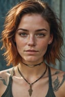 photo, rule of thirds, dramatic lighting, medium hair, detailed face, detailed nose, woman wearing tank top, freckles,  choker, smirk, tattoo, intricate background ,realism,realistic,raw,analog,woman,portrait,photorealistic