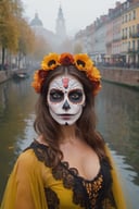 Brown hair female in Catrina Makeup face paint, Foggy Canals in European Cities, Steadicam Walking Through a Forest
