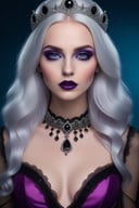 A glossy photo of young British woman posing for magazine,gothic style, long silver hair,photorealistic, high fashion, high detailed, high light, wearing a tulle -lace purple /fuchsia color dress, decorated with black diamonds,full lips, big ocean blue eyes, metallic gothic makeup,<lora:659095807385103906:1.0>