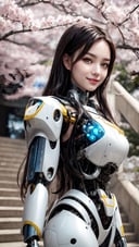masterpiece, best quality, 1girl, yellow eyes, Beautiful face, delicate eyes, smile, long hair, white hair, tree, stairs, standing, sky, cherry blossoms, temple, looking at viewer, upper body, from below, looking back, ((Mecha)), young girl, Cyberpunk, CyberMechaGirl
