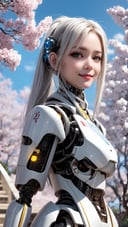 3D, 3D style,masterpiece, best quality, 1girl, yellow eyes, Beautiful face, delicate eyes, smile, long hair, white hair, tree, stairs, standing, sky, cherry blossoms, temple, looking at viewer, upper body, from below, looking back, ((Mecha)), young girl, Cyberpunk, CyberMechaGirl