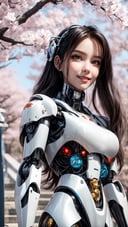 3D, masterpiece, best quality, 1girl, yellow eyes, Beautiful face, delicate eyes, smile, long hair, white hair, tree, stairs, standing, sky, cherry blossoms, temple, looking at viewer, upper body, from below, looking back, ((Mecha)), young girl, Cyberpunk, CyberMechaGirl
