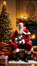 Santa Claus leaving a present in front of a chimney, lovely living room decorated with Christmas decorations, extremely detailed, rosy cheeks, happiness, christmas spirit,1 girl,Cyberpunk
