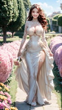 ((12 year old girl wearing elegant aristocratic wedding dress)), full body, ((big natural breasts, sexy pussy, luxuriant pubic hair, average hip size, perfect body, long red hair, long legs)), (sunny (Walking in the afternoon sunlight), (Walking through a flower field full of pretty flowers), A highly detailed and surreal masterpiece, Character design, Intricate details, Surreal, Hdr.  Top quality, perfect details, ultra sharp focus, hourglass figure, (smiling facial expression),young girl