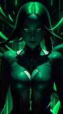 (masterpiece, best quality, ultra-detailed, 8K),Godess of the matrix,beautiful face,cruel smile,green glowing eyes,she is made of binary code,floating numbers,black background,cyber world,(green and black colors),color magic,Matrix