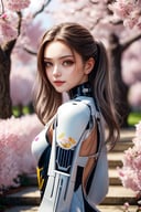 3D, masterpiece, best quality, 1girl, yellow eyes, Beautiful face, delicate eyes, smile, long hair, white hair, tree, stairs, standing, sky, cherry blossoms, temple, looking at viewer, upper body, from below, looking back, ((Mecha)), young girl, Cyberpunk, CyberMechaGirl,Exquisite face,Mecha