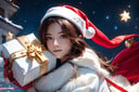 Sky, stars, white cloth bag,Santa Claus,1 girl