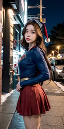 (masterpiece), (cinematic, city lights:1.2), city, snowing, christmas hat and skirt, 1girl, black hair, medium hair, wavy hair,Extremely Realistic,supergirl,wearing batwoman costume,no Mask,perfect,taaarannn