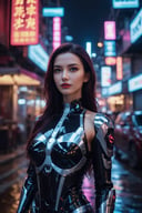 Hyperrealistic art cinematic photo Neon noir beautiful woman semi robot taking selfie,looking at viewer, . Cyberpunk, dark, rainy streets, neon signs, high contrast, low light, vibrant, highly detailed . 35mm photograph, film, bokeh, professional, 4k, highly detailed . Extremely high-resolution details, photographic, realism pushed to extreme, fine texture, incredibly lifelike,Wonder of Beauty