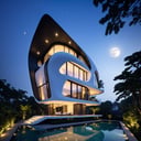 (best quality, masterpiece, high_resolution:1.5), a house town villa in Hanoi, Vietnam with wonderful and luxury exterior designing by Zaha Hadid. Glass and led lighting make the facede of this 3 layers house look awesome . Night light from lamps and moon.,Thai style roof,Wonder of Art and Beauty,Retouch all bugs,Wonder of Beauty,Slender body