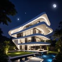 (best quality, masterpiece, high_resolution:1.5), a house town villa in Hanoi, Vietnam with wonderful and luxury exterior designing by Zaha Hadid. Glass and led lighting make the facede of this 3 layers house look awesome . Night light from lamps and moon.,Thai style roof,Wonder of Art and Beauty,Retouch all bugs,Wonder of Beauty
