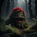  highly detailed horror photo of a shambling mound emerging from the darkness of a swampy dark forest, shambling mound, flower, blurry, no humans, red flower, vines:1.1, moss, ferns, red flower, overgrown, depth of field:1.2, blurry, blurry background, realistic:1.1, photorealistic, 32k, best quality, shadow play:1.1, (light and dark):1.1, 
