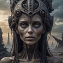 beautiful survivor lady with stunning eyes, strange shapes in the sky, post-apocalyptic, druid, fantasy, dungeons & dragons, h.r. giger, Zdzisław Beksiński, mad max, lady,ohwx woman 
