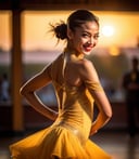 photograph, (deep yellow theme:0.7) , over the shoulder shot of a Funny Happy young_woman Ballroom Dancer, she is looking evil, at Sunrise, Tranquil, Warm lighting, dynamic, dslr, 800mm lens, extremely hyper aesthetic