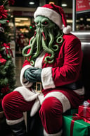 Award-winning photo, santa Cthulhu, horror, dark atmosphere. sitting in a shopping mal