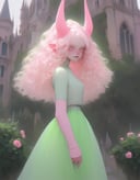 albino demon girl standing with ( green curls hair:1.3) , walking through pink rose bushes and castle in the distance, pink turtleneck sweater with (tulle skirt:1.2), braces, chewing gum , winking ,(long intricate horns:1.2) <lora:pale_demon:1>, sneakers with socks, 
