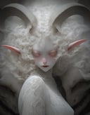 albino demon girl with lethargic sleepy smokey eyes, white curls , insect eyes, antenna , mesh fishnet blouse, (long intricate horns:1.2)  <lora:pale_demon:1>   best quality, highest quality, extremely detailed CG unity 8k wallpaper, detailed and intricate,
