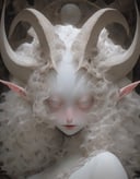 albino demon girl with lethargic sleepy smokey eyes, white curls , insect eyes, antenna , mesh fishnet blouse, (long intricate horns:1.2)  <lora:pale_demon:1>   best quality, highest quality, extremely detailed CG unity 8k wallpaper, detailed and intricate,