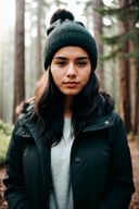 photograph of a woman, (sympathetic facial expression), textured skin, goosebumps, jet black half-up half-down hair, faux fur-lined parka with skinny jeans and beanie, group profile, towering ancient redwood trees creating a sense of wonder and awe, perfect eyes, ((hard lighting:1.4)), Velvia 100 color, shot on Cinestill 800T, bokeh, sharp focus on subject, shot by Manuela Marques