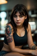 moody ethereal photography photo of a young angry (isidora_v2:0.95), croptop, textured skin, goosebumps, tattoos on her arms, sitting in a 50s diner, perfect eyes, (atmospheric lighting), bokeh, sharp focus on subject