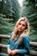 photograph of a woman, (baffled facial expression), textured skin, goosebumps, dirty blonde half-up half-down hair, oversized flannel shirt with ripped skinny jeans and combat boots, portrait, peaceful canopy walkway high above the forest floor offering a unique perspective on nature, perfect eyes, (chiaroscuro), Velvia 100 color, shot on Ilford HP5 Plus, bokeh, sharp focus on subject, shot by David Lachapelle