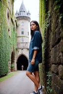 photograph of a woman, (tense facial expression), textured skin, goosebumps, black waterfall braid hair, oversized denim shirt with bike shorts and sneakers, multiple views, majestic fairy-tale castle with turrets drawbridges and ivy-covered walls, perfect eyes, (soft lighting), Porta 160 color, shot on Leica T, bokeh, sharp focus on subject, shot by Candida Höfer