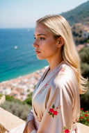 analogue photo of a woman, (annoyed face expression), ash blonde hair, satin robe with floral embroidery in blush, profile, mediterranean villa perched on a hill overlooking the sea with colorful flowers in bloom