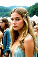 vintage candid photo from 1969 of a french hippy girl at woodstock 1969, blonde hair, looking away, distracted
