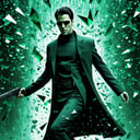 Neo from the Matrix dodges a flying bullet, shades of green, insane detailed, Made_of_pieces_broken_glass, <lora:Made_of_pieces_broken_glass-000001:1>