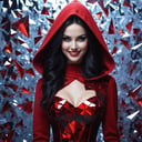 A beautiful woman in a red  lush dress with a hooded head,  attractive, sadistic smile, insane detailed, Made_of_pieces_broken_glass, <lora:Made_of_pieces_broken_glass-000001:1>