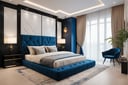 Masterpiece, raw photo, 1 bedroom, elegant and luxury, modern style. Balack, white and blue colors
