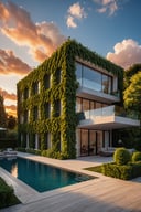 architecture, VIILLAS, vine, trees, cloud, sunset, vivid colours, sky, masterpiece,best quality,super detailed,realistic,photorealistic, 8k, sharp focus, a photo of a building day light, sun, cloud, RAW Photo, RAW texture, Super Realistic, 32K UHD, DSLR, soft lighting, high quality, film rating, Fujifilm XT3,modernvilla,3d style,Modern bedroom