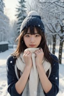 adult girl, long hair, sweater, snowing background,