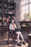 (masterpiece), indoors, 1girl, bookshelf, book, sitting, chair