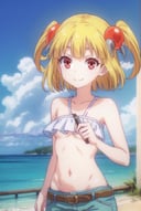 pattythesummer, <lora:patty the summer-lora-nochekaiser:1>,patty the summer, short hair, blonde hair, (red eyes:1.3), twintails, two side up, hair ornament, smile,BREAK navel, bare shoulders, shorts, midriff, short shorts, denim, blue shorts, denim shorts,BREAK outdoors, forest, nature, sun, sky, clouds,BREAK looking at viewer, (cowboy shot:1.5),BREAK <lyco:GoodHands-beta2:1>, (masterpiece:1.2), best quality, high resolution, unity 8k wallpaper, (illustration:0.8), (beautiful detailed eyes:1.6), extremely detailed face, perfect lighting, extremely detailed CG, (perfect hands, perfect anatomy),