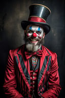 Award-winning photo, victorian freak show, metal clown, old, red circus outfit, magnificent beard,top hat, greedy smile, dark  atmosphere