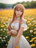 Golden ratio, korean_european, holo cosplay, in Refined, flowerfield, soft focus, award winning, high quality photography, 3 point lighting, flash with softbox, 4k, Canon EOS R3, hdr, smooth, sharp focus, high resolution, award winning photo, 80mm, f2.8, bokeh