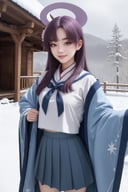 (masterpiece:1.3), (absurdres:1.3), (best quality:1.3), (ultra-detailed:1.3), snow, outdoors, standing, upper body, smile, <lora:yukari-fi-08:1>, 1girl, yukari-fi, halo, purple hair, wide sleeves, white shirt, white serafuku, sailor collar, blue kimono, open kimono, blue skirt, 