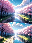Beautiful pastel background wallpaper, blue sky, clouds, sunshine, ocean, beach, train, railroad crossing, old train station, detailed trees, cherry blossoms, detailed background, 8k, details, ultra realistic, pastelbg, clear water, water way, ,breakdomain