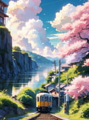 Beautiful pastel background wallpaper, blue sky, clouds, sunshine, ocean, beach, train, railroad crossing, old train station, detailed trees, cherry blossoms, detailed background, 8k, details, ultra realistic, pastelbg, clear water, water way, ,breakdomain, (yumi, 19years old korean girl, standing by the railroad, in a yellow one-piece short dress),