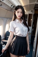 1girls,solo,thai school uniform,black skirt,low angle photo,
Translucent panties,(look at viewer:1.4), (Inside the aircraft: 1.2), front-view  ,masterpiece, best quality, wallpaper, ultra-detailed,
Soft Illumination, Gentle Shading, Subtle Depth, masterpiece,best quality, beautiful and aesthetic,The edges of the eyelashes are thick and sharp,Sharp picture 4k,colorful pictures, 
