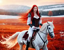 close up shot, An elven warrior woman riding a horse gallops through an autumn field lightly dusted with the first snow, long red hair, a dress with a corset,  LegendDarkFantasy,  <lora:LegendDarkFantasy-000001:0.9>
