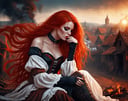 close up shot, a woman in a ragged robe, covering her face with her hands, is sitting on her lap, a smoking burnt-out village is visible in the background, , long red hair, a dress with a corset,  LegendDarkFantasy, <lora:LegendDarkFantasy-000001:0.6>