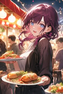 cinematic photo (masterpiece),  (best quality),  (ultra-detailed),  1girl,  solo,  kafka,  enjoying a street food festival,  dark purple hair,  shoulder length,  hair clip,  blue eyes,  upturned eyes,  excited expression,  casual clothes,  food stalls,  variety of cuisines,  people,  outdoor seating,  string lights,  standing pose,  holding a plate of food,  trying new dishes,  laughing with friends,  experiencing the vibrant food culture.,  illustration,  disheveled hair,  detailed eyes,  perfect composition,  moist skin,  intricate details,  earrings . 35mm photograph,  film,  bokeh,  professional,  4k,  highly detailed