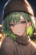 face focus,  cute,  masterpiece,  best quality,  1girl,  green hair,  sweater,  looking at viewer,  upper body,  beanie,  outdoors,  night,  turtleneck
