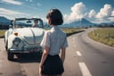 ((masterpiece, best quality, ultra-detailed, very fine 8KCG wallpapers)), 1 girl, solo, red volkswagen type1 cabriolet, (convertible car roof is open), (cute girl is looking at the distant mountains near the car:1.4), daylight, just a few clouds and blue sky, unpaved road, rural landscape with mountains visible in the distance, nice hands, perfect hands,