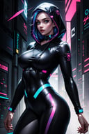 edgNoire, upper_body, female, woman wearing casual hoodie with logos, holographic, sleek designer bodysuit, (cyber leggings:1.1), cyberpunk scene, detailed background, curvy hip,  