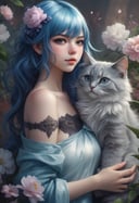 Beautiful girl with a furry cat, blue hair, by Artgerm cartoon, background flowers <lora:fix_hands:1> <lora:add-detail-xl:0.8>