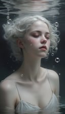 portrait of a woman under water, pale white skin and pale white hair, open red eyes, dynamic pose, dreamy, bubbles, soap bubbles, pearls, water beads, high quality, painting by Eve Ventrue and Mark Molchan, masterpiece, sleepy face, floating in deep water, dark water